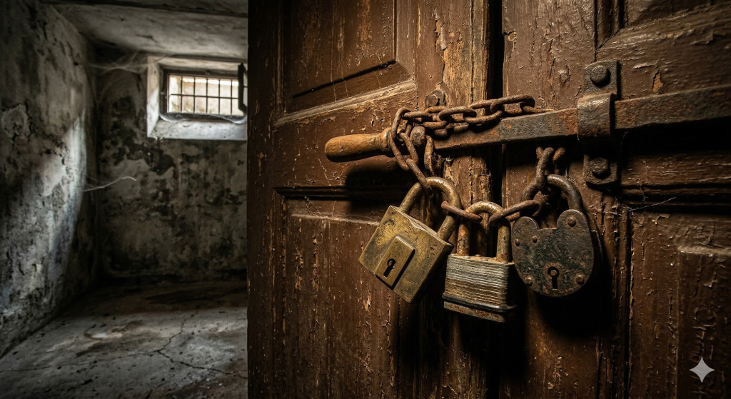 La porta del bagno sigillata dai tre lucchetti, elemento centrale del mistero nel romanzo "Il custode" di Niccolò Ammaniti.